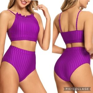 Modihito Purple Ribbed Knit Shirred Top & High Rise Bottoms 2 Piece Bikini Set